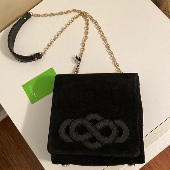 Shanghai tang NWT! Black suede shoulder bag with gold chain - Picture 2 of 14